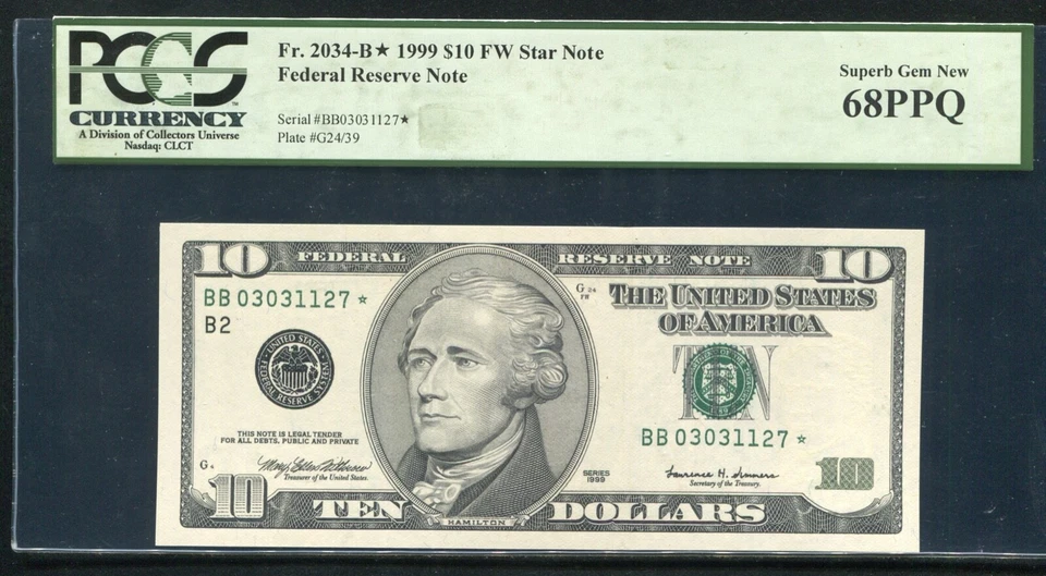FR. 2034-B* 1999 $10 FW *STAR* FRN NEW YORK, NY PCGS GEM UNCIRCULATED-68PPQ - Image 1 of 2