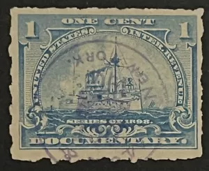 Travelstamps:1898 US Stamps Revenue Scott #R163 Battleship Documentary 1c Used - Picture 1 of 5