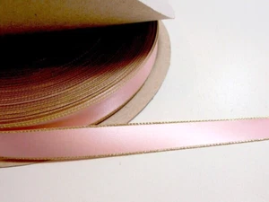 Schiff Light Pink DF Metallic Gold Edge Satin Ribbon 5/8" wide x 3 yards, Bin 16 - Picture 1 of 5
