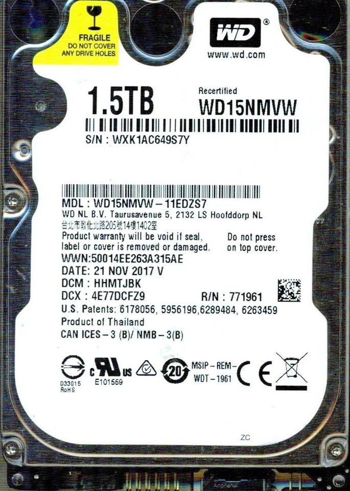 WD15NMVW-11EDZS7,  DCM: HHMTJBK  WESTERN DIGITAL USB3 1.5TB  WXK1  NOV 2017 V - Image 1 of 1