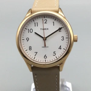 Timex Watch Women Indiglo 33mm Gold Tone White Round Dial Brown Leather Band - Picture 1 of 14
