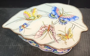 Vintage Chinese Enamel Leaf Shaped Box With Lid Butterflies - Picture 1 of 9