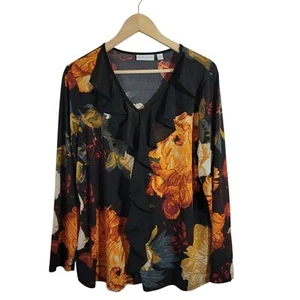 Susan Graver schwarz orange Blumen Rüschen Langarm Bluse Gr. L Whimsigoth Boho - Bild 1 von 11