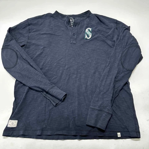 Seattle Mariners Men Henley Shirt XL Blue Long Sleeve 100% Cotton Cover