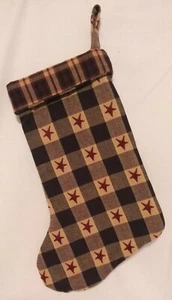 Christmas Stocking Homemade Holiday Machine 2 Sided Rustic Homespun Stars Checks - Picture 1 of 2