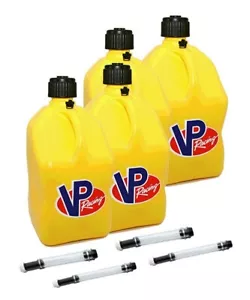 VP Racing 4 Pack Yellow 5 Gallon Square Fuel Jug Gas Can Racing / 4 Fill Hoses - Bild 1 von 1