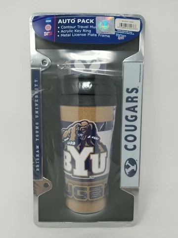Brigham Young BYU Cougars Chrome Metal License Plate Frame Key Ring Travel Mug Cover