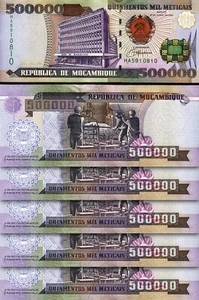 Mozambique 500000 500,000 Meticais 2003, aUNC/UNC, 5 PCS LOT, Consecutive, P-142 - Picture 1 of 4