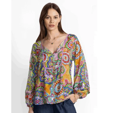 Blusa de seda Johnny Was Jannika estampado de naperrón manga con volantes multicolor talla 1X Foto 1 de 4