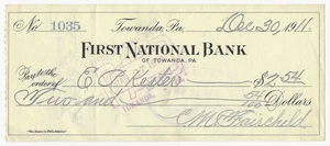 First National Bank Towanda Pennsylvania 1911 check - Picture 1 of 2