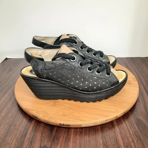 Fly London Yuta Womens 39 US 8.5 Perforated Black Leather Lace Up Wedge Sandals - Picture 1 of 10