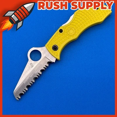 Spyderco Manbug Lockback Salt Folding Serrated Blade Yellow Handle Knife - MYLS - Image 1 of 4