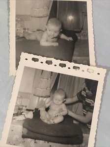 2 Vintage B&W Photos “BABY RONNIE” 3.5 x 3.5” Scalloped Trim, Family Portraits - Bild 1 von 7