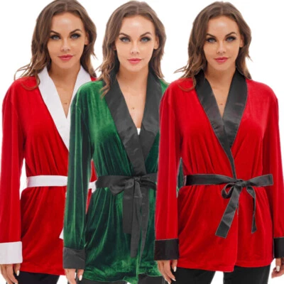 Womens Christmas Role Play Costume Velvet Kimono Bathrobe Long Sleeve Nightwear - Image 1 of 2