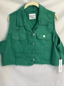 Highway Jeans 2x Denim Green Frayed Vest Cropped Chest Pockets Buttons - Picture 1 of 12