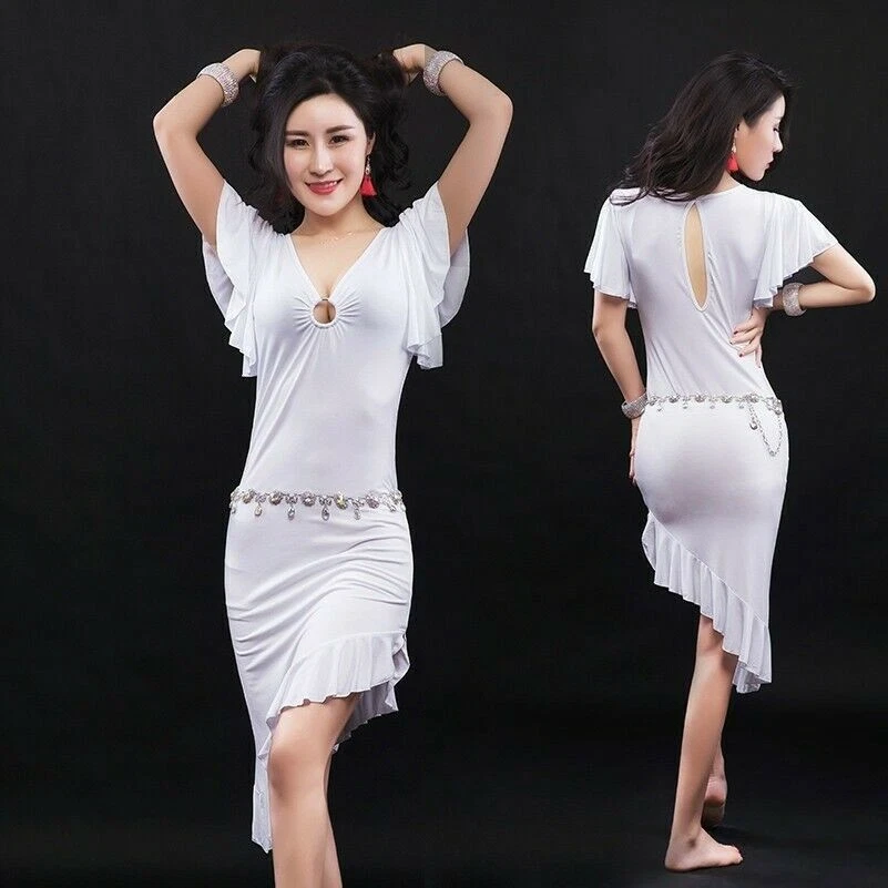 Ladies Dance Skirt Short Flare Sleeve Falbala Cascade V Neck Keyhole Back Dress - Image 1 of 4