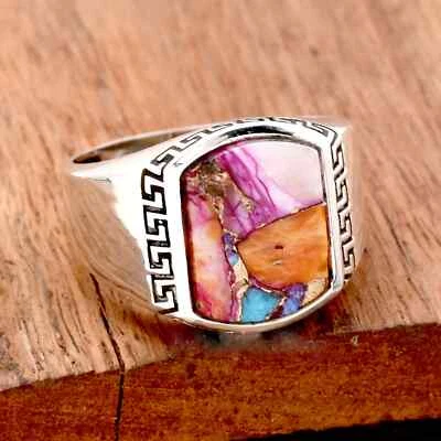Solid 925 Sterling Silver Natural Oyster Turquoise Gemstone Signet Men's Ring - Image 1 of 4