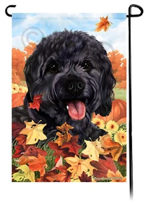 Falling Leaves Garden Flag - Black Cavapoo - Picture 1 of 1