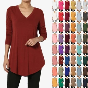 TheMogan S~3X Essential Long Sleeve V-Neck Draped Jersey Knit Rounded Hem Top - Picture 1 of 332
