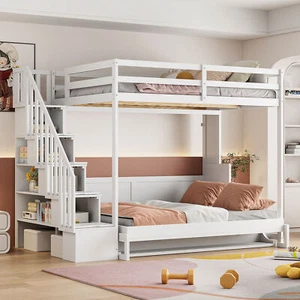 Full Over Full Size Murphy Bed W/ Hydraulic Lift /Desk/ Storage Staircase White - Picture 1 of 20