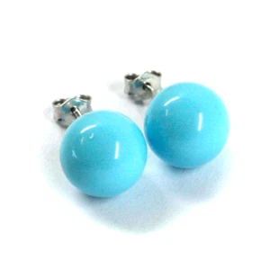 18k white gold 10mm big spheres balls reconstructed turquoise button earrings - Picture 1 of 5