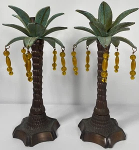 VINTAGE PALM TREE CANDLESTICK HOLDER SET OF 2 HEAVY METAL TIKI BEACH - Picture 1 of 6