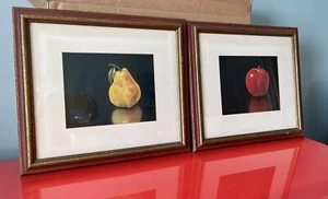 Vintage 60s Fruit Prints Apple & Pear Retro Art Hyperrealism NEL CARY Pr Framed - Picture 1 of 8