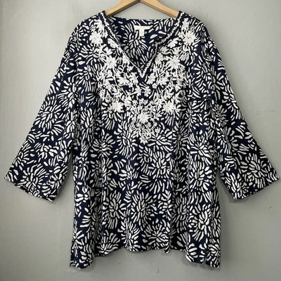 Charter Club Tunic Top Size XL Blue White Embroidered Resort Chic Vacation Prep - Image 1 of 4