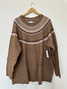 New Croft & Barrow Brown Diamond Yoke Sweater Womens 4X Long Sleeve Fair Isle - Picture 1 of 6