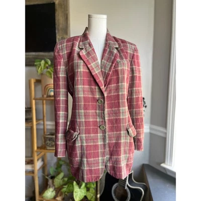 Blazer xadrez vintage anos 90 vermelho verde bege mistura de linho tamanho 10 médio - Imagem 1 de 4