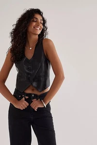 Anthropologie Blank NYC Business Deal Crop Faux Leather Waistcoat Size M Black! - Picture 1 of 6
