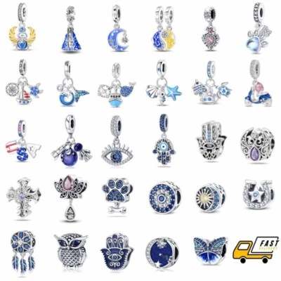 KUNSIR Blue CZ 925 Sterling Silver European Fashion Bracelets Charm Bead Pendant - Image 1 of 4