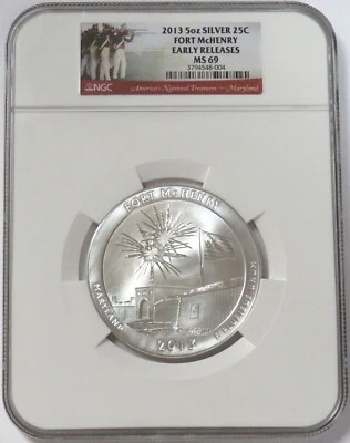 2013 SILVER 5 OZ FORT MCHENRY MD NATIONAL TREASURE NGC MS 69 EARLY RELEASES - Image 1 of 3