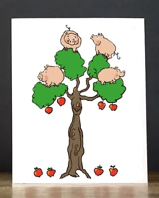 Tarjeta de felicitación: Cerdos en un manzano Foto 1 de 2