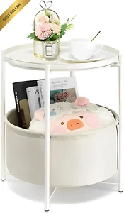 Metal Round Side Table Modern End Table with Fabric Storage Basket White - Picture 1 of 12
