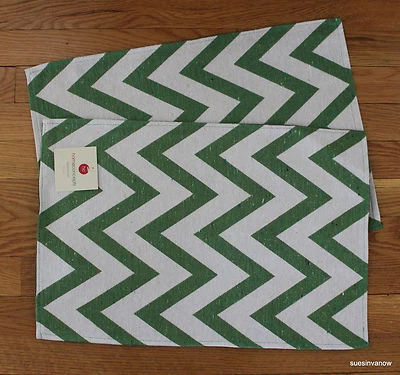 Chevron Woven Placemats Kitchen Dining Table Set of 2 Tapestry Green Stripes - Image 1 of 2