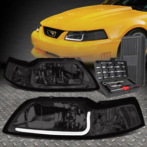 FOR 99-04 FORD MUSTANG LED DRL SMOKED HOUSING CLEAR CORNER HEADLIGHTS+TOOL SET