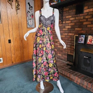 Vintage 70s Moody Tropical Black Floral Vanity Fair Satin Nightgown Maxi Dress M - Picture 1 of 11