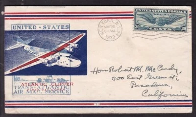 U.S. TRANS-ATLANTIC CLIPPER 1939 (NEW YORK - LISBOA-CENTRAL - PASEDENA, CALIF..) - Image 1 of 2