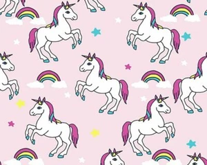 100% Cotton Fabric KIDS CHILDRENS UNICORN & RAINBOW pink Material - Picture 1 of 12