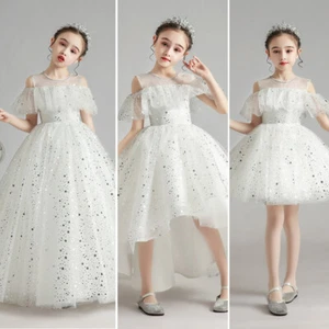 Star Ruffle Cold Shoulder Tulle Tutu Long Maxi Gown Dress Flower Girl Princess - Picture 1 of 13