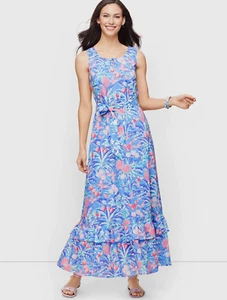 NEW $229 TALBOTS Blue Ratti Tropical Print Cotton Maxi Dress Sz 4P,4 Petite - Picture 1 of 6
