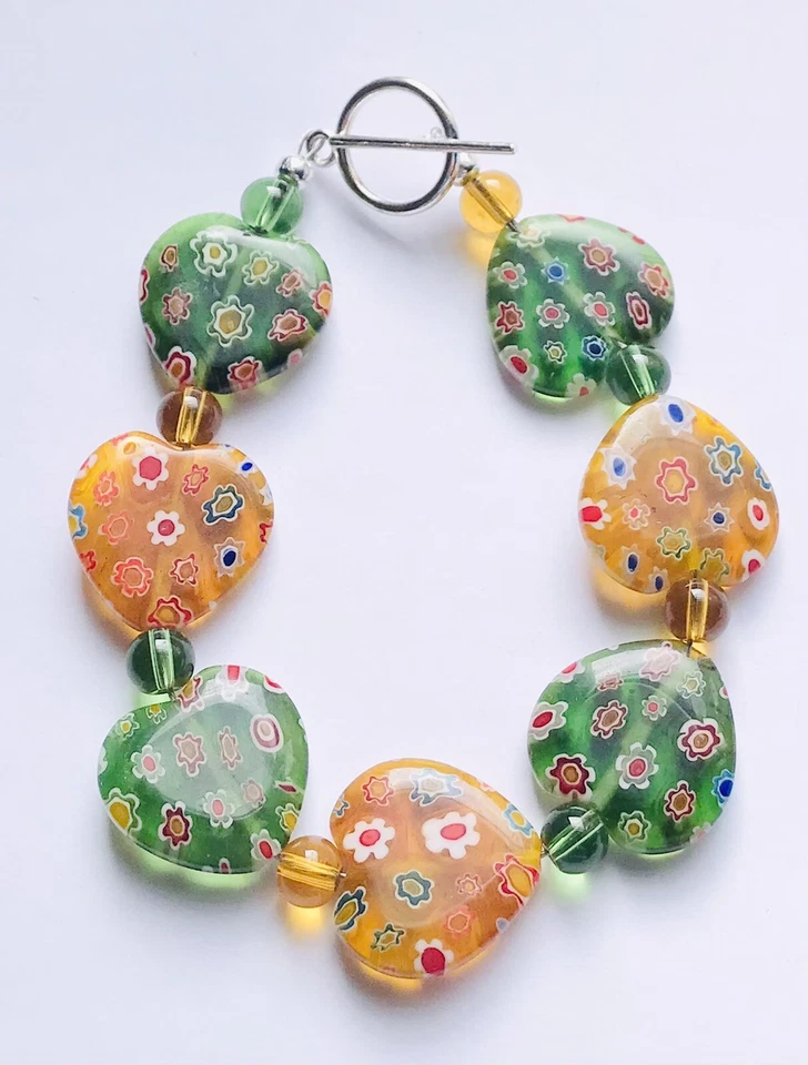 Impresionante Pulsera Corazón Vidrio Millefiori Naranja Esmeralda 2 Foto 1 de 1