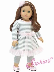 Puppenkleidung 18 Zoll rosa & grau gestreiftes Kleid, metallische Leggings und Haarschmuck - Bild 1 von 1