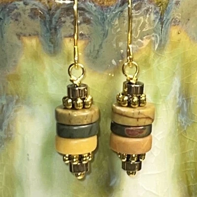 Brown Green & Yellow Natural Stone Beads Stacked Gold Tone Hook Earrings.  S803 - Image 1 of 3