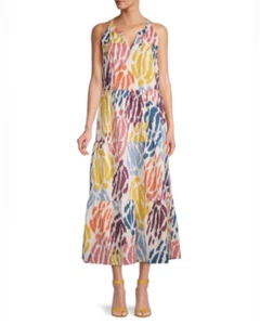 NEW Tahari Blue Yellow Orange Red Tiered Long Summer Maxi Dress Casual Large - Picture 1 of 8