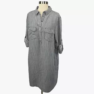 Boden Size 14L Striped Shirt Dress Blue White Stripe Tencel Linen Pearl Snap - Picture 1 of 19