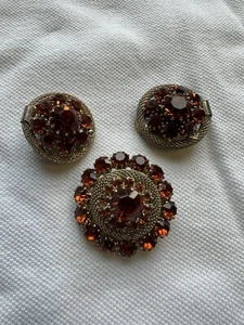 Set spilla e orecchini vintage BIANCO tono oro arancione colori autunno strass DK - Foto 1 di 9