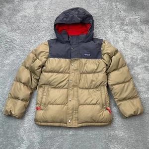Patagonia Jacket Boys 12 Large Beige Puffer Duck Goose Down Coat Hooded Full Zip - Picture 1 of 11