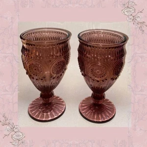 Pioneer Woman ADELINE Glass SET OF 2 Plum Purple Footed Embossed Goblets 12 Oz - Picture 1 of 8